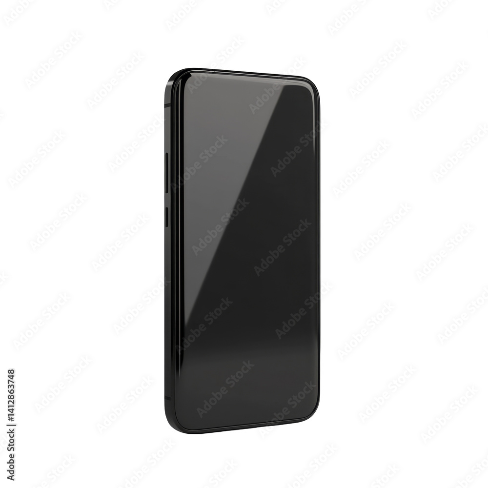 Modern smartphone with black finish and sleek design reflecting light on smooth surface Modern smartphone with black finish and sleek design reflecting light on smooth surface