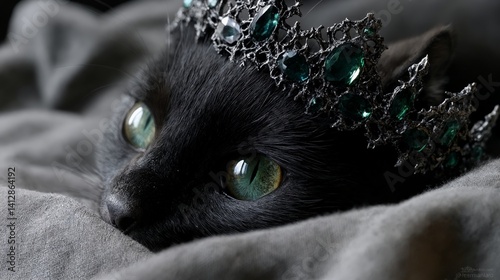Un gato negro con ojos verdes esmeralda se acurruca en una manta, luciendo una corona adornada con gemas.