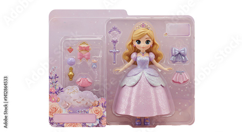 Whimsical fairy princess figurine in blister packaging on transparent background