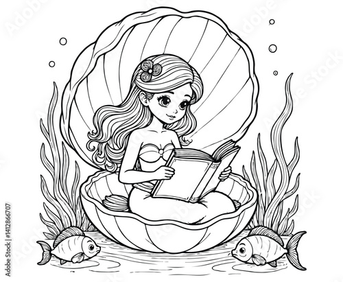 Mermaid Reading in Clamshell Library Underwater Coloring Page