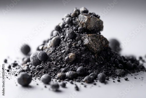 Montón de granos de café tostados, textura oscura, fondo blanco, primer plano, grano, café, bebida, desayuno.