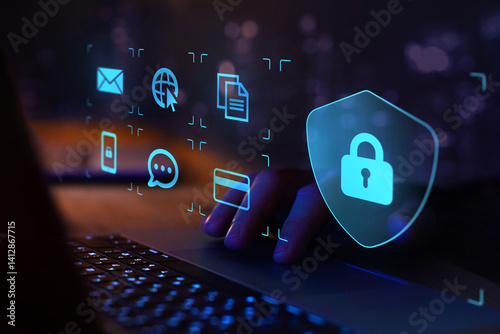 data protection and internet security concept, cybersecurity and network security online with padlock icon