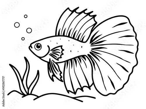 Betta fish coloring page for a children's book with colorful examples. Image in vector format. Great coloring activity for children and toddlers