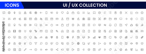 Vector illustration web line icon collection focused on UX/UI design, featuring wireframes, user flow, interface elements, cursor clicks, mobile layout, and usability symbols.