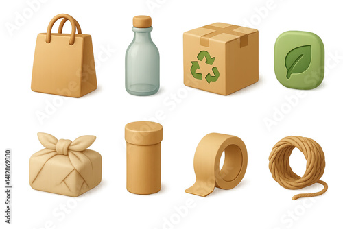 3D icon set of eco packaging: paper bag, glass bottle, recycled box, compostable label, cloth wrap, cardboard tube, tape roll, hemp string. 3d icon. Isolated