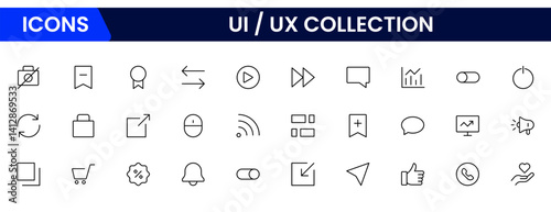 Vector illustration web line icon collection focused on UX/UI design, featuring wireframes, user flow, interface elements, cursor clicks, mobile layout, and usability symbols.