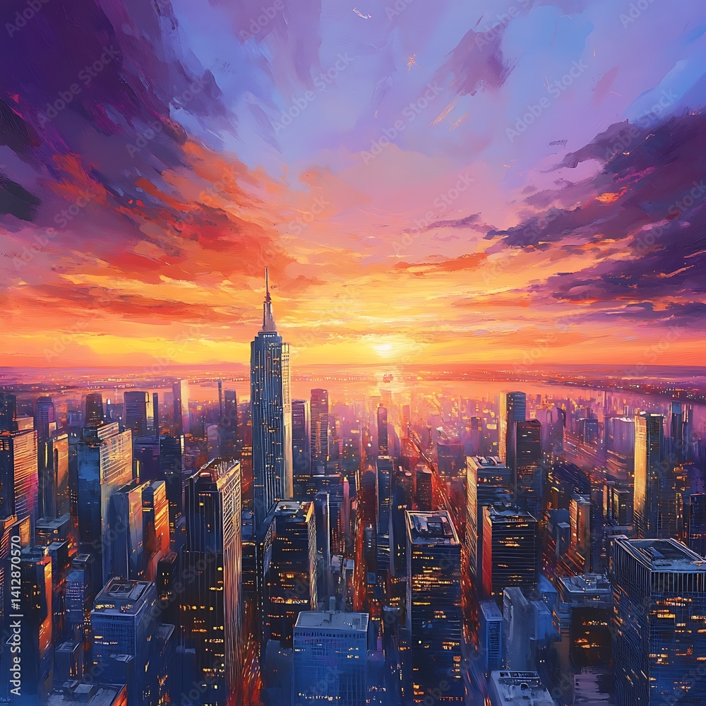 Naklejka premium Dusk reflections shimmer beneath glowing skyline over riverfront city high resolution picture