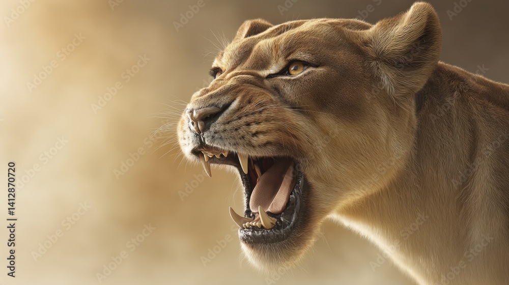 Obraz premium A fierce lioness roars, showcasing her powerful jaws and intense gaze, set against a soft, warm background.
