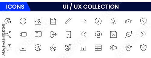 Vector illustration web line icon collection focused on UX/UI design, featuring wireframes, user flow, interface elements, cursor clicks, mobile layout, and usability symbols.