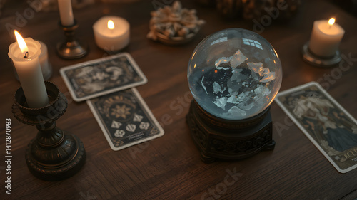 Crystal ball and tarot cards with candle light on wooden table