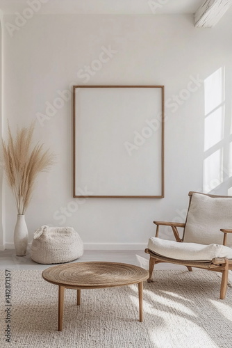 Light minimalist interior with poster mockup on a clean white wall — a serene setting for typography art, modern branding, or photo exhibition previews.

