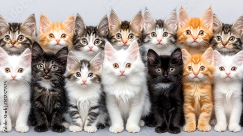 Kittens Sitting in Row Against Gray Background