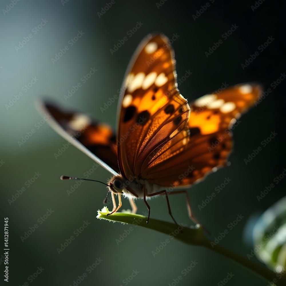 Obraz premium A Lady Butterfly Resting on Leaf in Soft Sunlight - Detailed Insect Close-Up