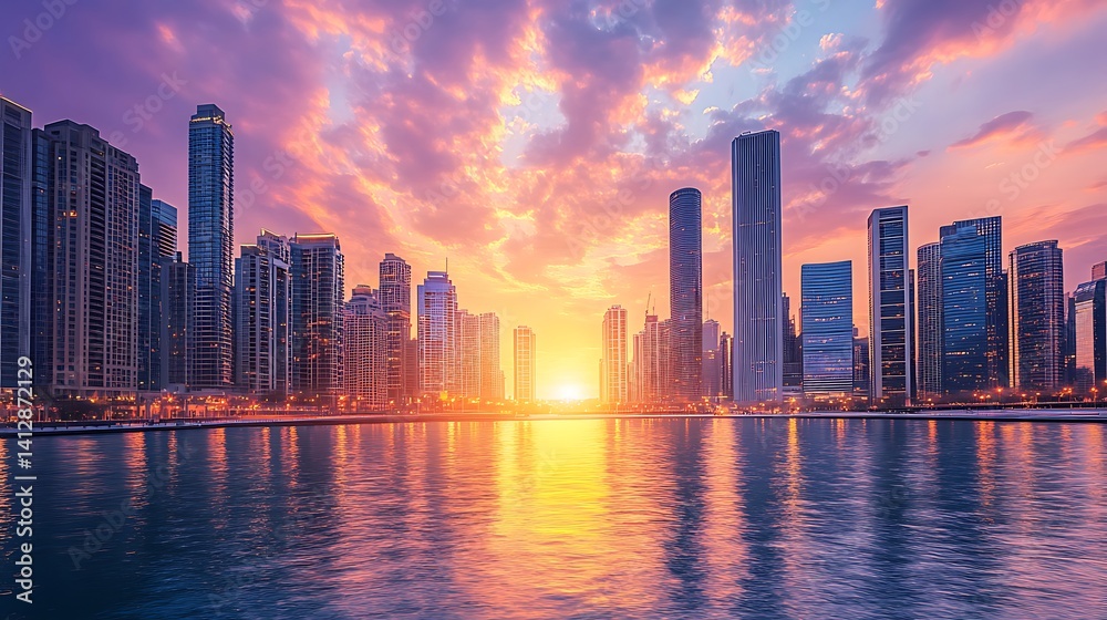 Fototapeta premium Peaceful reflections shimmer at golden hour skyline sunset high resolution picture