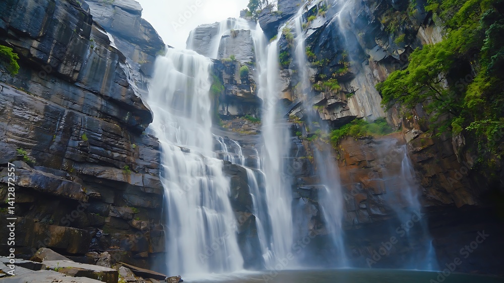 Naklejka premium Scenic waterfall cascading down rocky cliffs