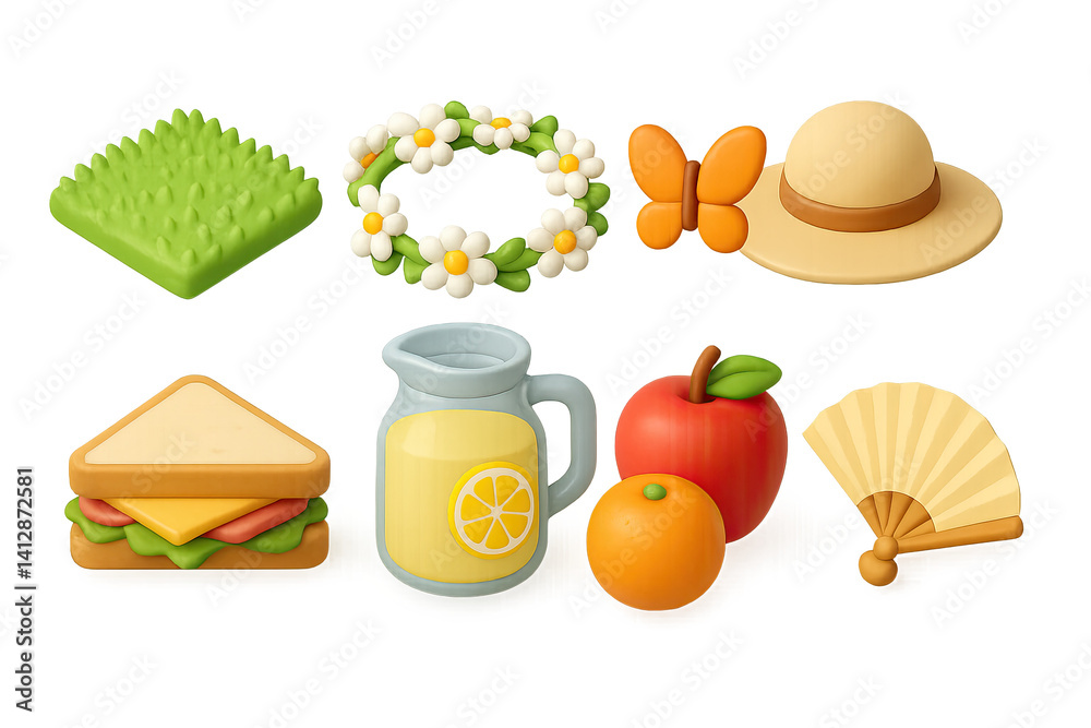 3D icon set of meadow picnic: grass mat, flower crown, sandwich, lemonade jar, butterfly, sun hat, fruit, paper fan. 3d icon. Isolated