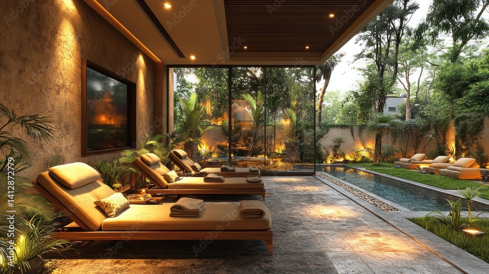 Fototapeta premium Luxurious outdoor spa with lounge chairs, pool, and lush garden.