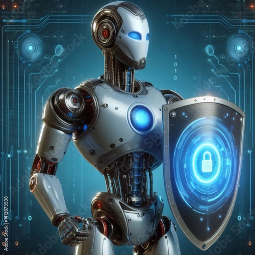 ai robot artificial intelligence shield protection cybersecurity security defense neural network data database secure server encryption firewall