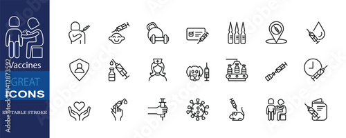 Set of icons for Vaccines. Editable stroke. Vector illustration