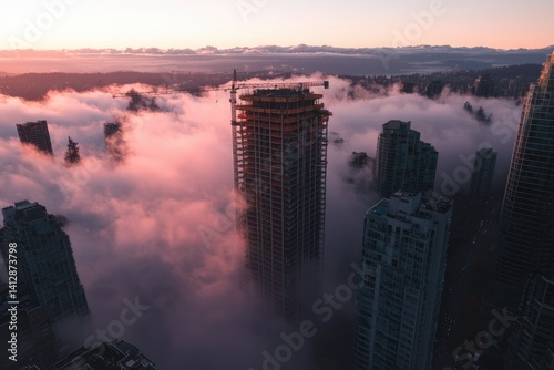 City skyline piercing clouds at dawn