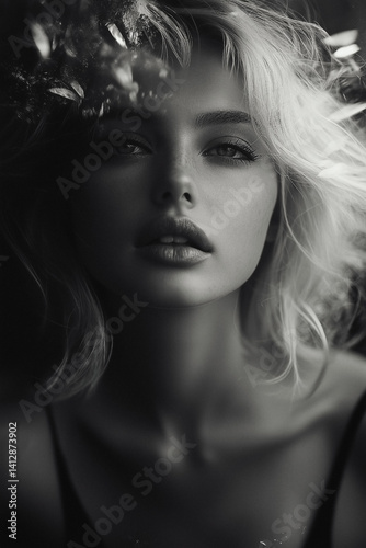 Woman with blonde hair and a black tank top is the main subject of the image. The photo is in black and white and has a moody, artistic feel to it. The woman's face is the focal point of the image