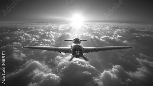 Vintage Plane Flying Above Clouds Sunset.