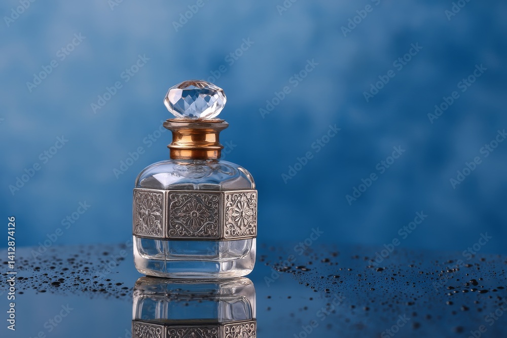 Exquisite Antique Perfume Bottle With Intricate Design on Reflective Surface and Soft Background