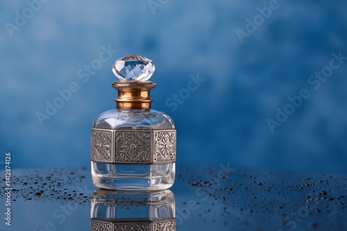 Obraz na płótnie Exquisite Antique Perfume Bottle With Intricate Design on Reflective Surface and Soft Background w salonie