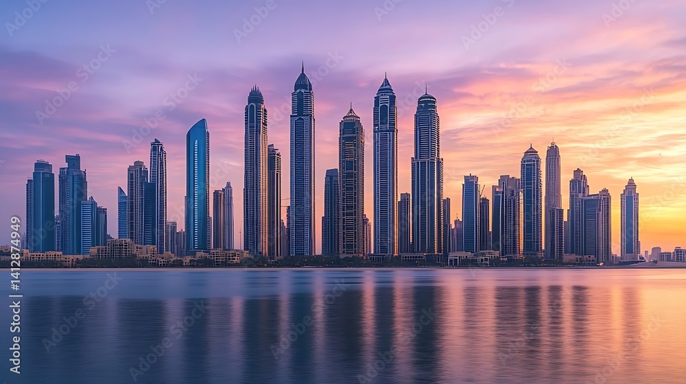 Obraz premium Sunset light casting glow on city skyscraper reflections high resolution picture