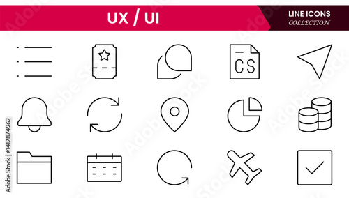 Vector illustration web line icon collection focused on UX/UI design, featuring wireframes, user flow, interface elements, cursor clicks, mobile layout, and usability symbols.