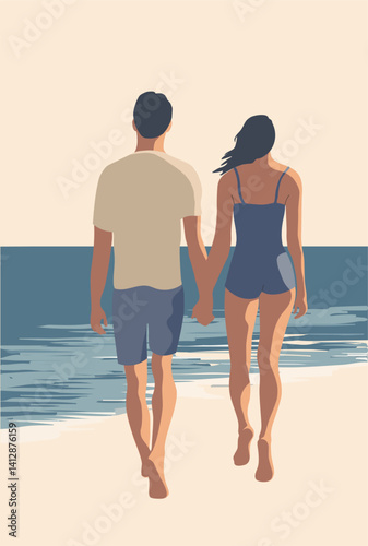 Couple walking on the beach. Vector illustration