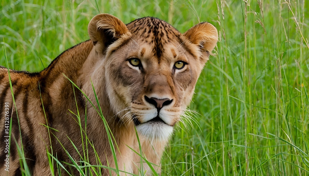 Obraz premium a striking lioness with intense golden eyes gazes directly at the viewer from within a field of tall green grass.