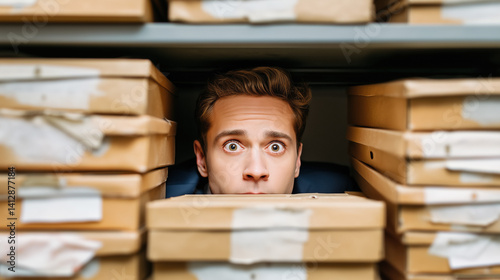 Surprised stock boy in a warehouse looking through shelves.