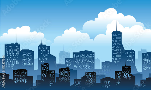 illustration of a bustling city skyline against a blue sky