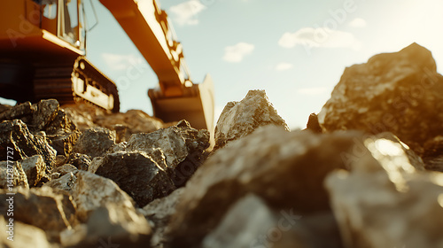 Excavator operator moving rocks at a mining site. Featuring excavation and material handling