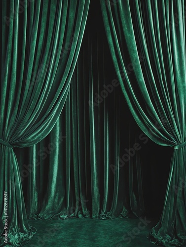 Elegant Green Velvet Curtains Opening to a Dark Space Interior