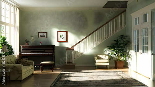 Sunlit Living Room Interior With Vintage Piano And Plants