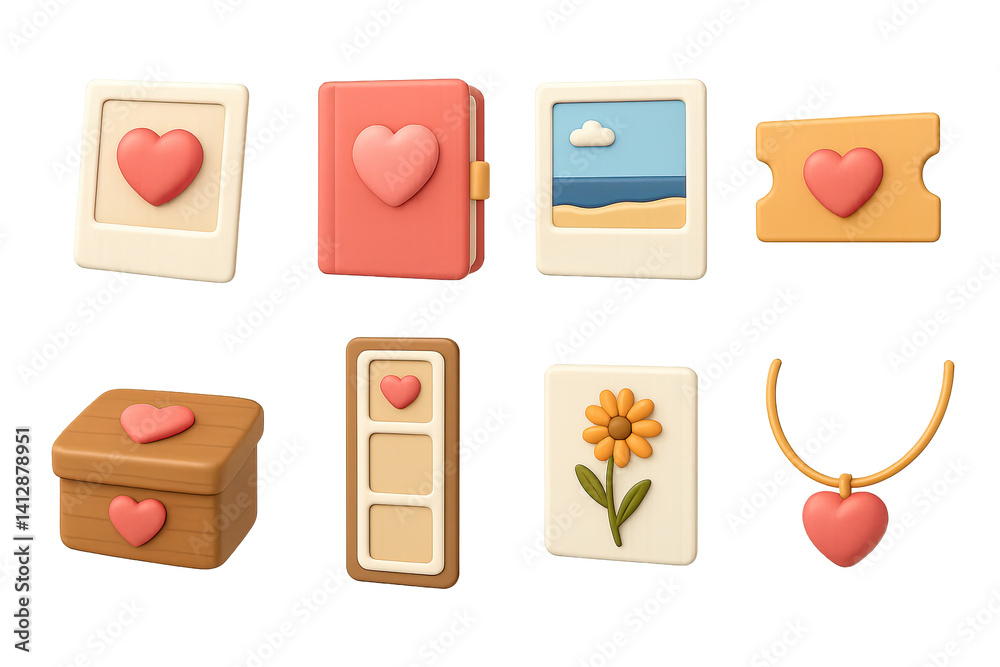 3D icon set of romantic memories: polaroid, love diary, beach photo, cinema ticket, keepsake box, photo strip, pressed flower, necklace. 3d icon. Isolated