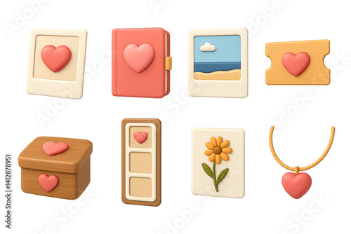 3D icon set of romantic memories: polaroid, love diary, beach photo, cinema ticket, keepsake box, photo strip, pressed flower, necklace. 3d icon. Isolated