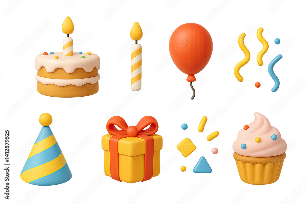 3D icon set of birthday party: cake, candle, balloon, party hat, gift box, streamers, confetti, cupcake. 3d icon. Isolated