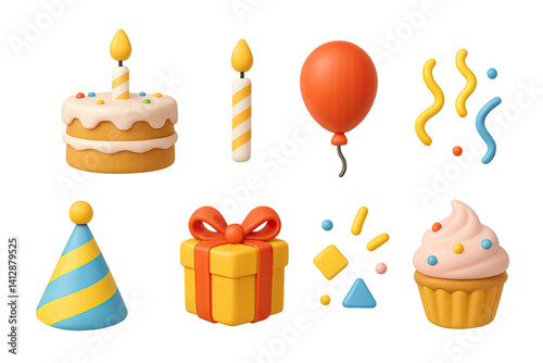 Obraz na płótnie 3D icon set of birthday party: cake, candle, balloon, party hat, gift box, streamers, confetti, cupcake. 3d icon. Isolated w salonie