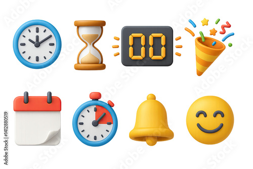 3D icon set of festive countdown: number clock, hourglass, flashing digits, confetti burst, calendar tear, timer, bell, happy emoji. 3d icon. Isolated