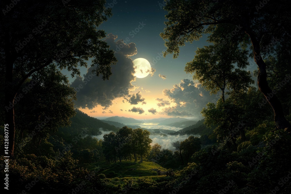 Obraz premium Misty Mountain Moonlit Valley