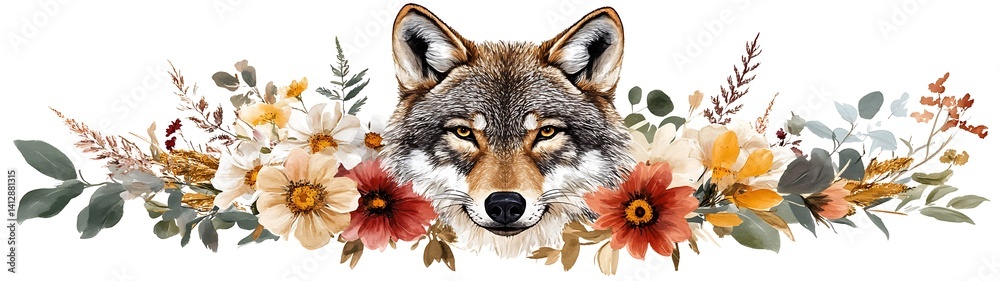 Obraz premium Wolf Portrait Floral Border
