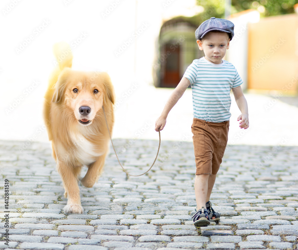 A little boy walks along the old street with a dog