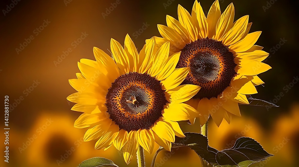 Obraz premium Two bright yellow sunflowers face the sun, leaves below, with a blurry field background