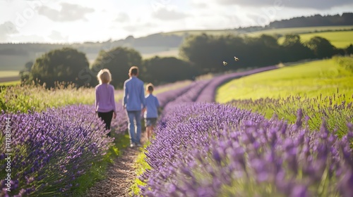 Family walking on a trail through a lavender field, with bees buzzing around and the sweet scent of flowers filling the air, creating a peaceful ambiance.