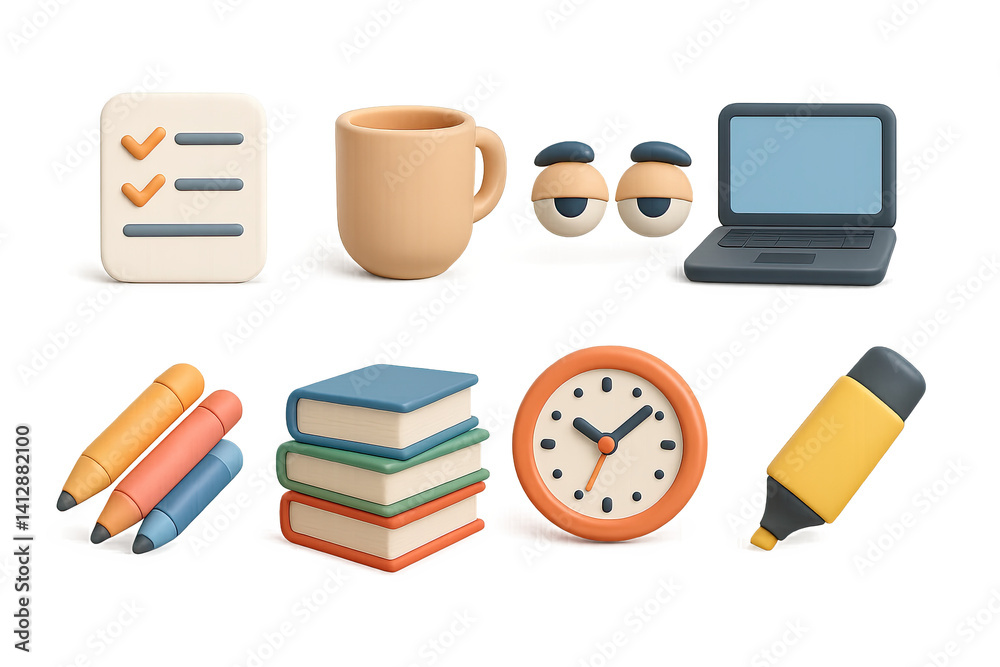 3D icon set of final exams: study sheet, coffee mug, tired eyes, open laptop, pen pile, book stack, clock, highlighter. 3d icon. Isolated