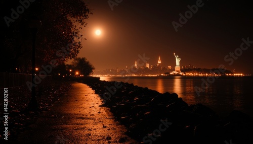 City lights & moonlit harbor