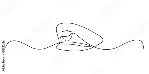 Continuous one line drawing of police cap. Clothing, protection, officer concept. Editable stroke vector. Graphic illustration